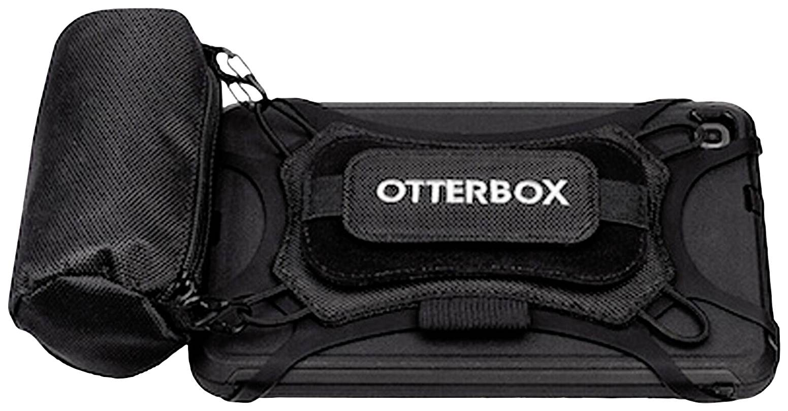 Zwart Otterbox-hoesje met gewatteerde riemen en verwijderbare accessoires op een elektronische apparatenlade.