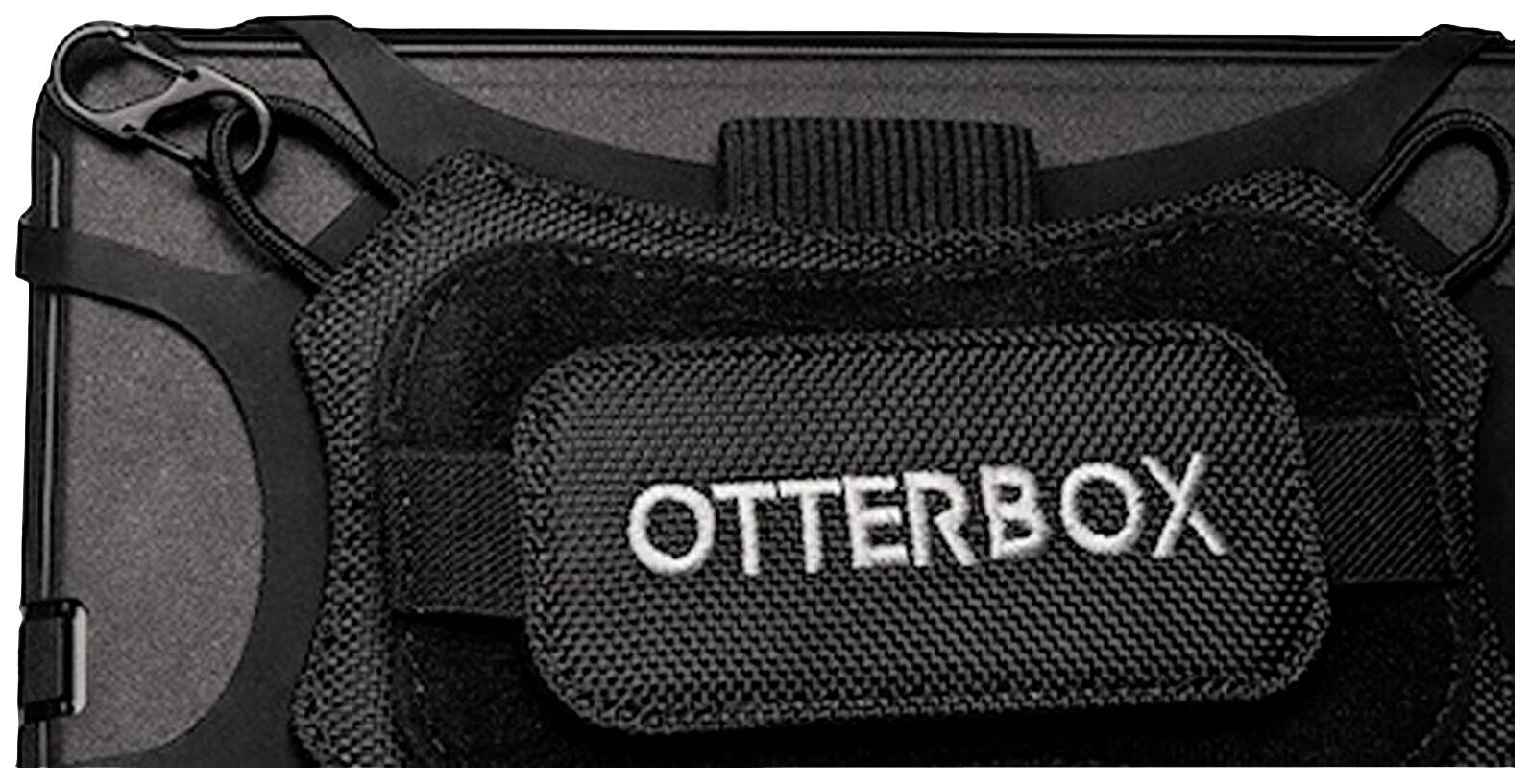 Een zwarte beschermhoes met het opschrift 'OTTERBOX' op een gepolsterd gedeelte. De kunststofstructuur biedt extra bescherming.