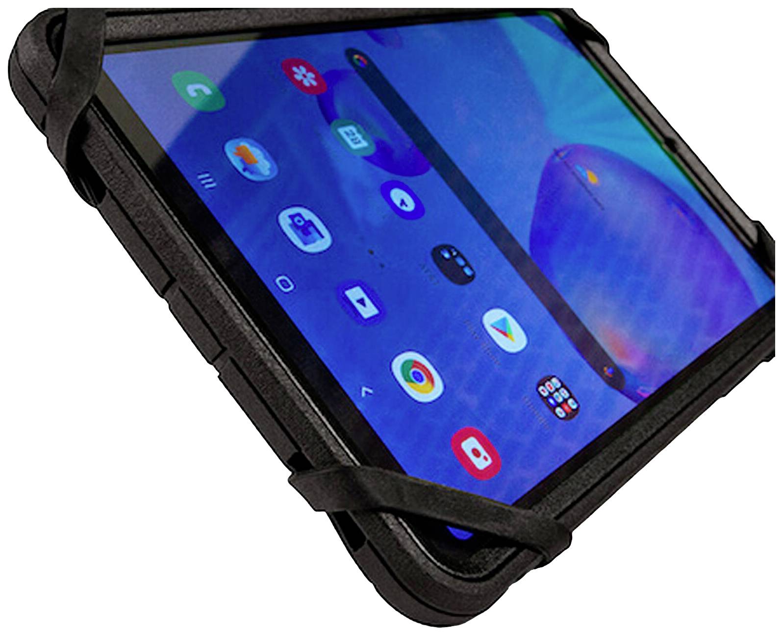 Een tablet in een beschermende hoes, waarop meerdere app-symbolen zichtbaar zijn op het scherm.