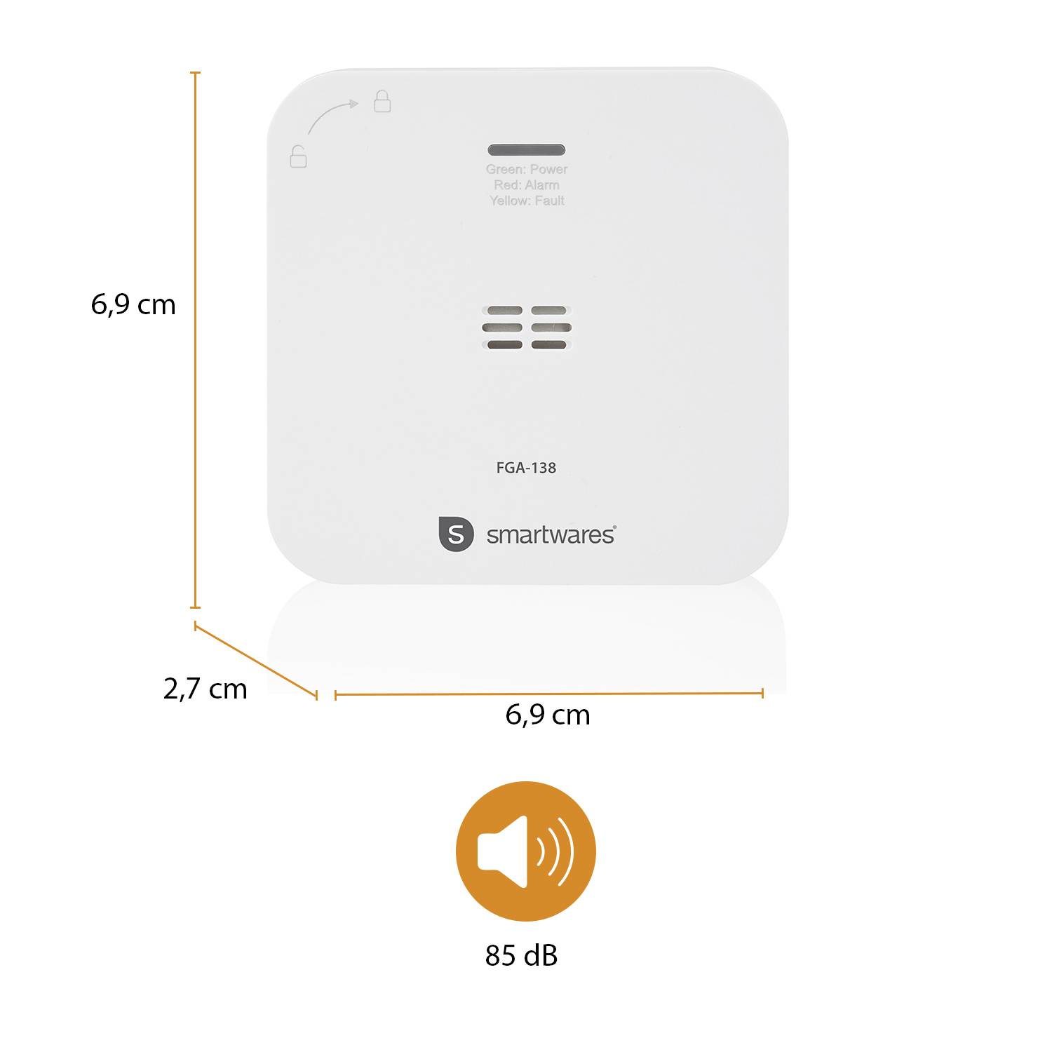 Koolmonoxide-melder met afmetingen van 6,9 cm x 6,9 cm x 2,7 cm. Geluidsniveau 85 dB. Model FGA-138 van Smartwares.