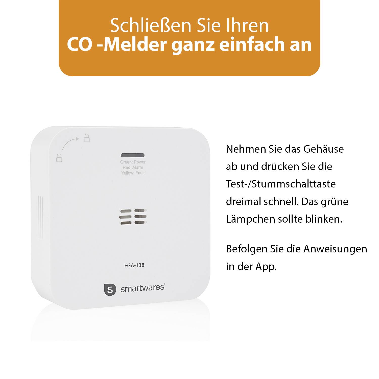 'CO-detector' en 'Smartwares' apparaat voor koolmonoxide-detectie. Tekst: 'Sluit uw CO-detector gemakkelijk aan'. Instructies voor installatie rechts beschreven.