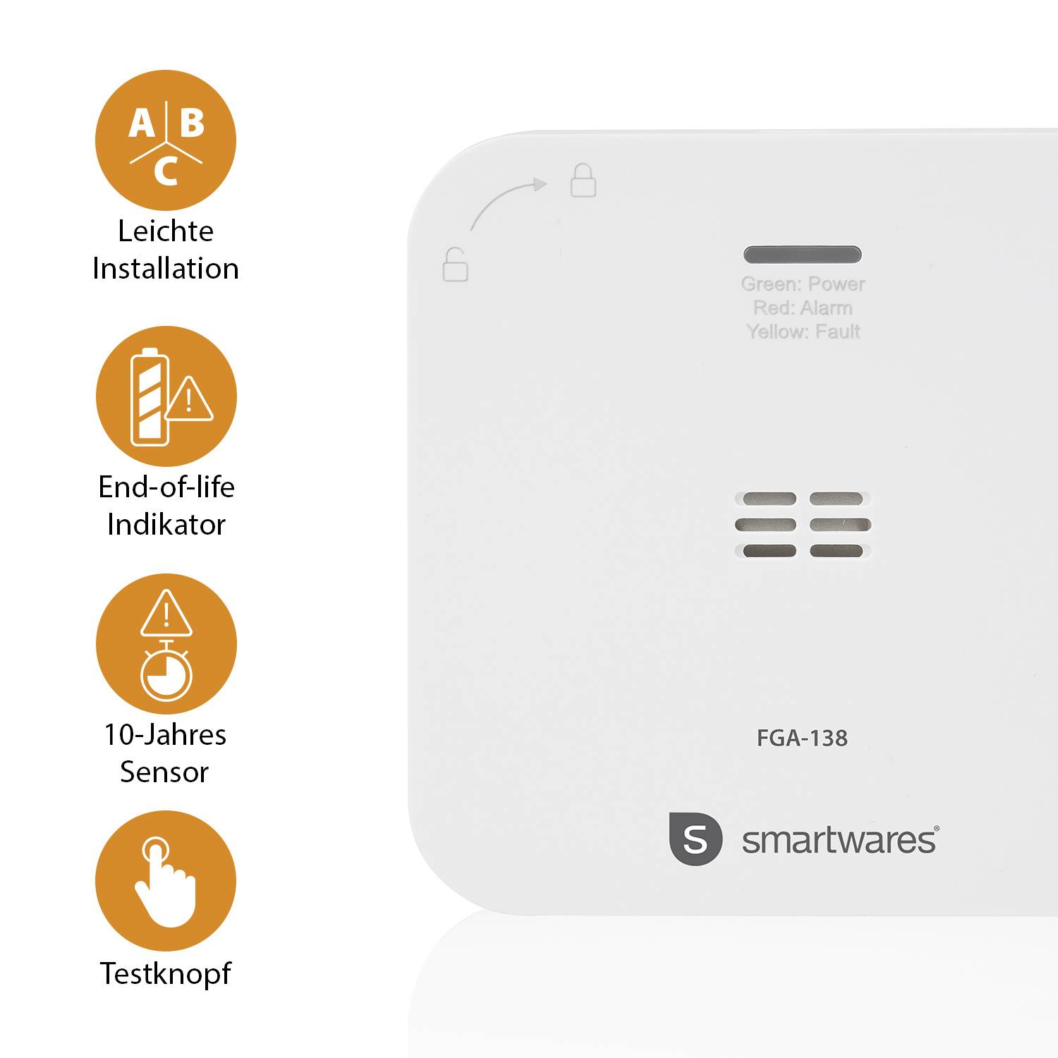 Rookmelder met LED-indicatoren voor 'Alarm' en 'Storing', testknop, links symbolen voor eenvoudige installatie, end-of-life-indicator en 10-jaars sensor.