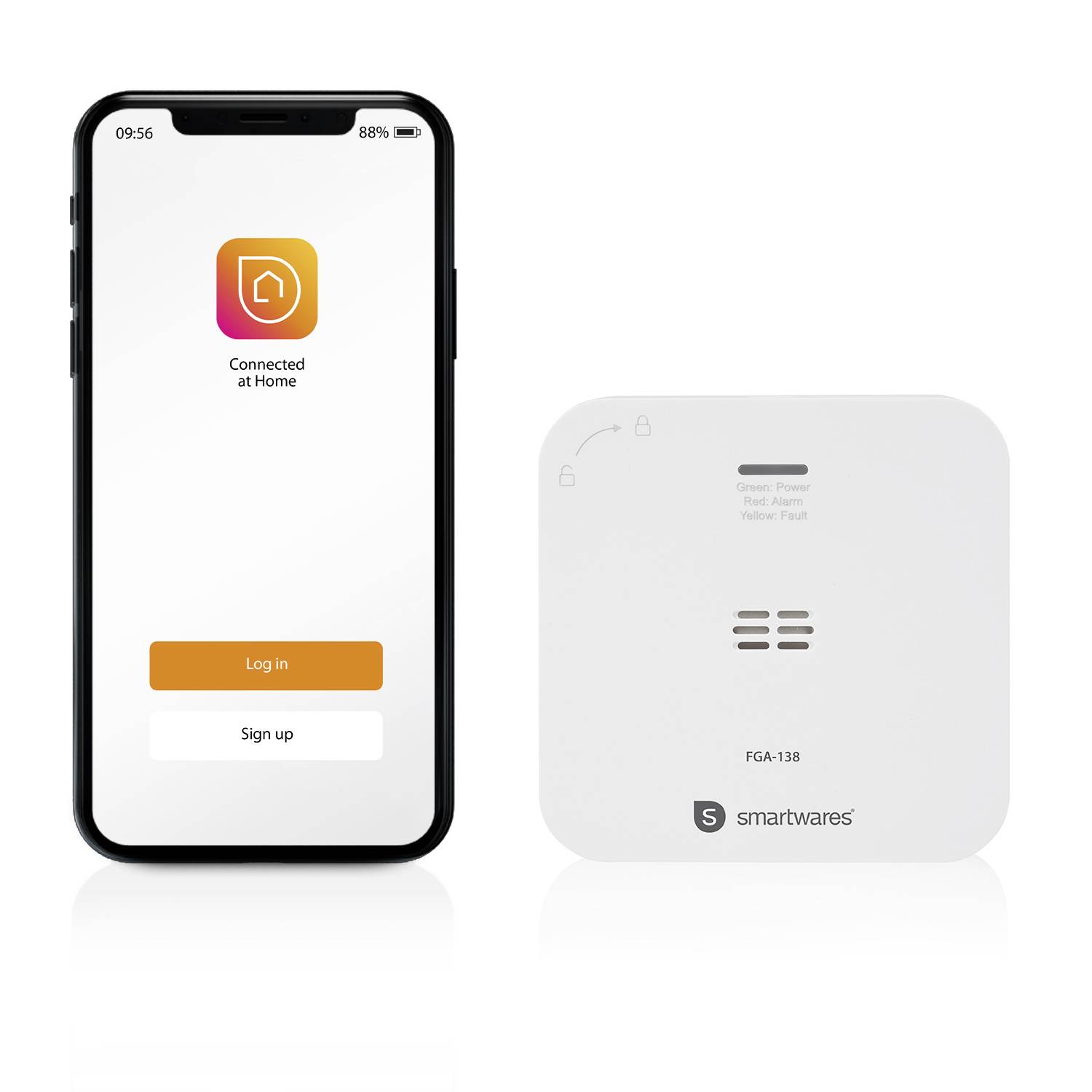 Smartphone met geopende app 'Connected at Home'. Ernaast een vierkante rookmelder van Smartwares.