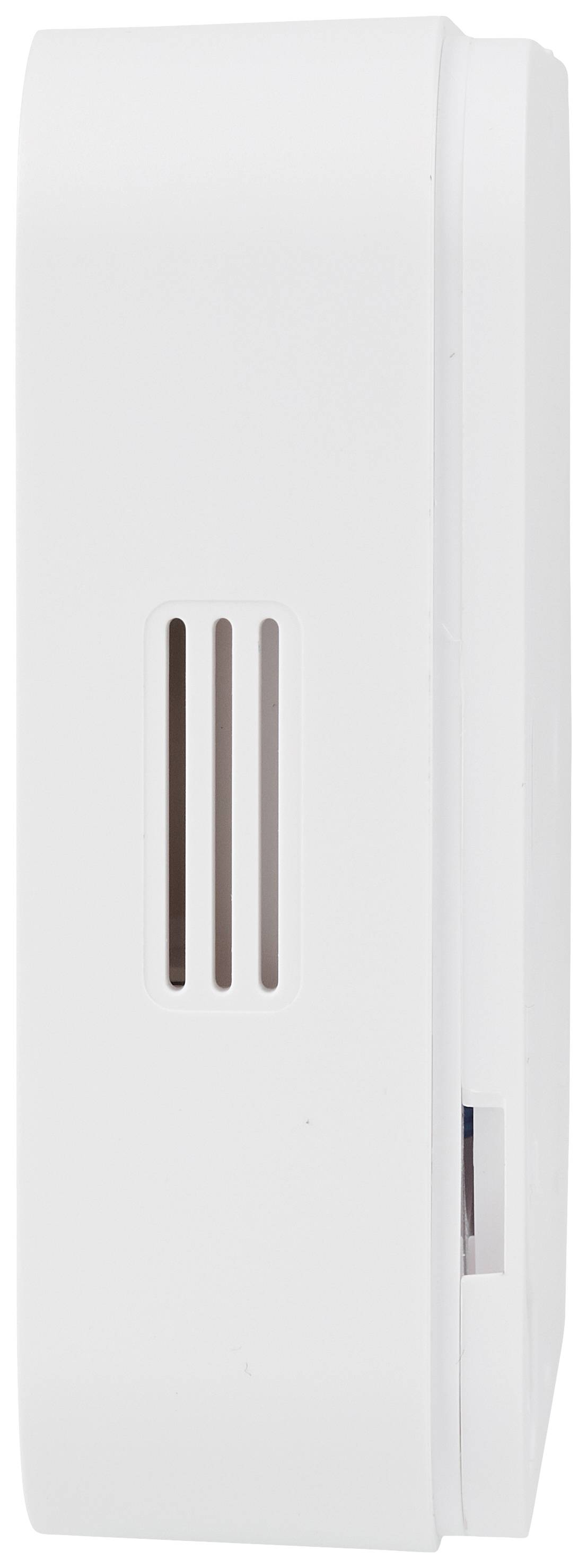 Een wit rechthoekig geluidsdeel met ventilatiesleuven aan de zijkant.