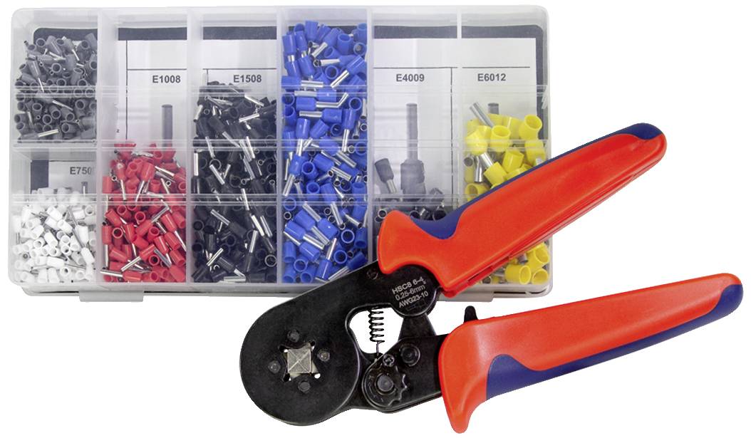 Een set adereindhulzen in verschillende kleuren (zwart, rood, blauw, geel) en een krimptang voor het verwerken van kabels.