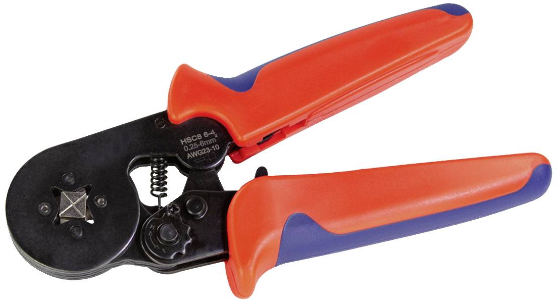 Een krimptang met rood-blauwe handgrepen wordt in close-up getoond.