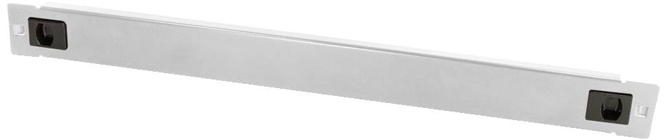Zilveren metalen strip met rechthoekige bevestigingsbeugels aan beide zijden. Gebruik onduidelijk.