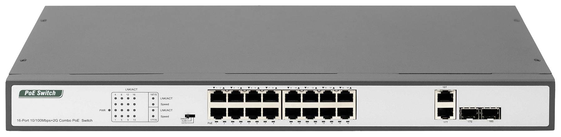 Een netwerk-switch met meerdere Ethernet-poorten voor het beheren en distribueren van gegevens in een computernetwerk.