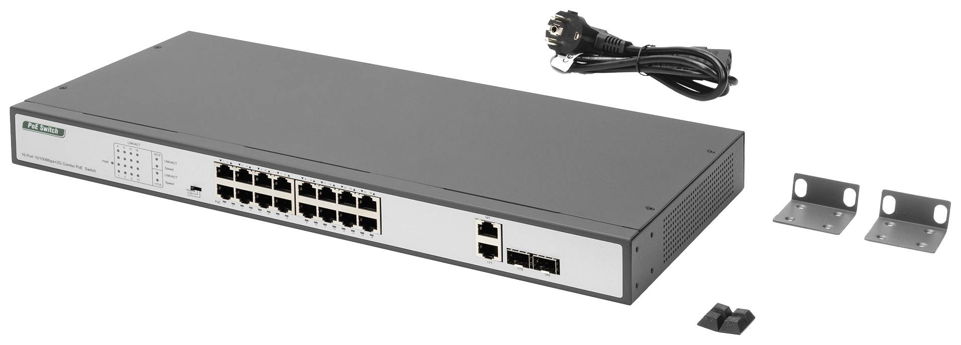 Een grijze netwerk-switch met 24 Ethernet-poorten en twee SFP-poorten, naast een stroomkabel en montagebeugels.