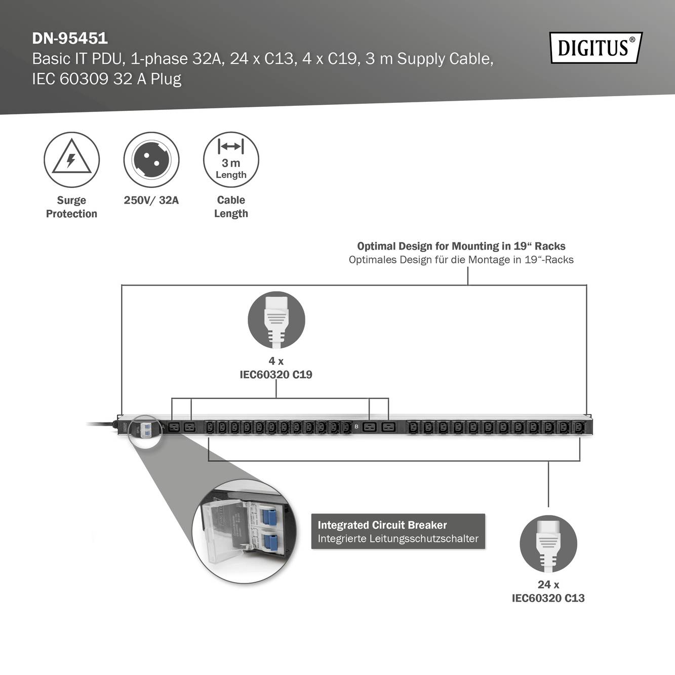 'Digitus DN-95451' PDU, 32A, 24xC13, 4xC19. 'Geïntegreerde stroomonderbreker', optimaal voor 19"-racks, 3m kabel, 250V/32A.