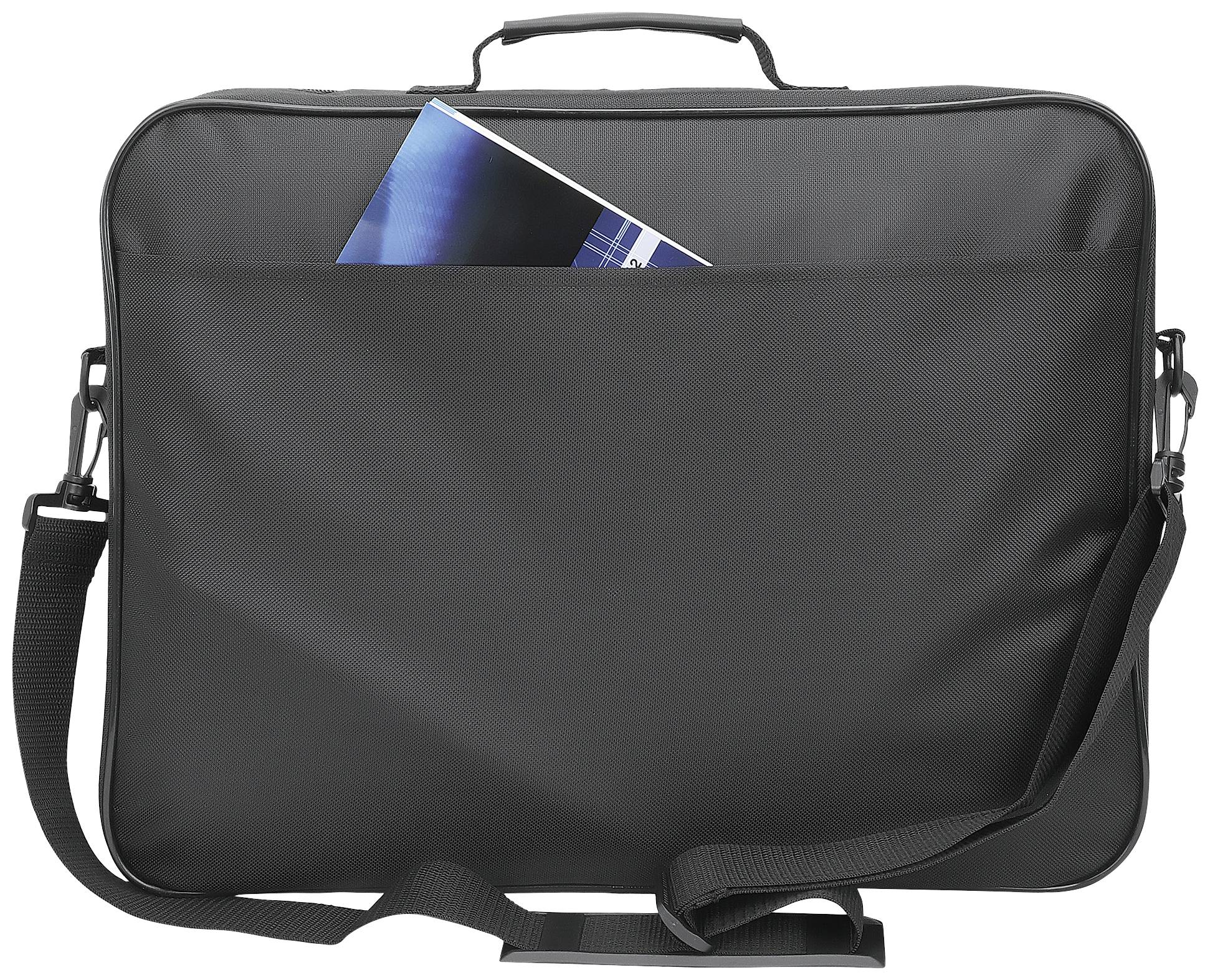 Zwarte laptoptas met schouderband. Een deel van een blauw document steekt uit de bovenste tas.