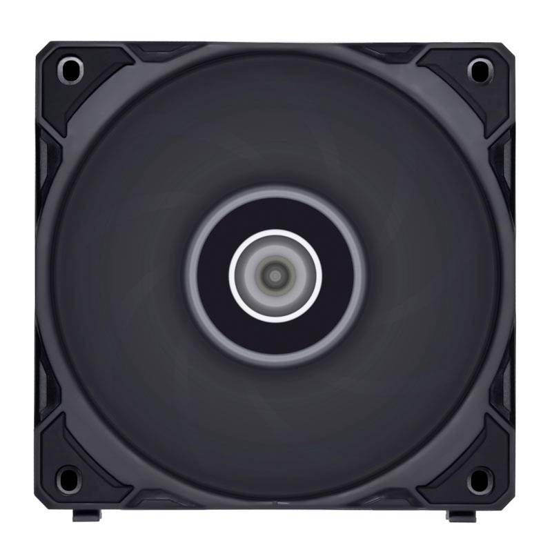 Zwarte computerventilator met vierkant frame en centraal cirkel, geschikt voor koeldoeleinden in elektronische apparaten.