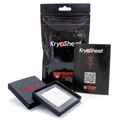 Een verpakking en een folder voor Thermal Grizzly KryoSheet warmtegeleidingspad. Het pad is bedoeld voor warmteafvoer uit elektronische apparaten.