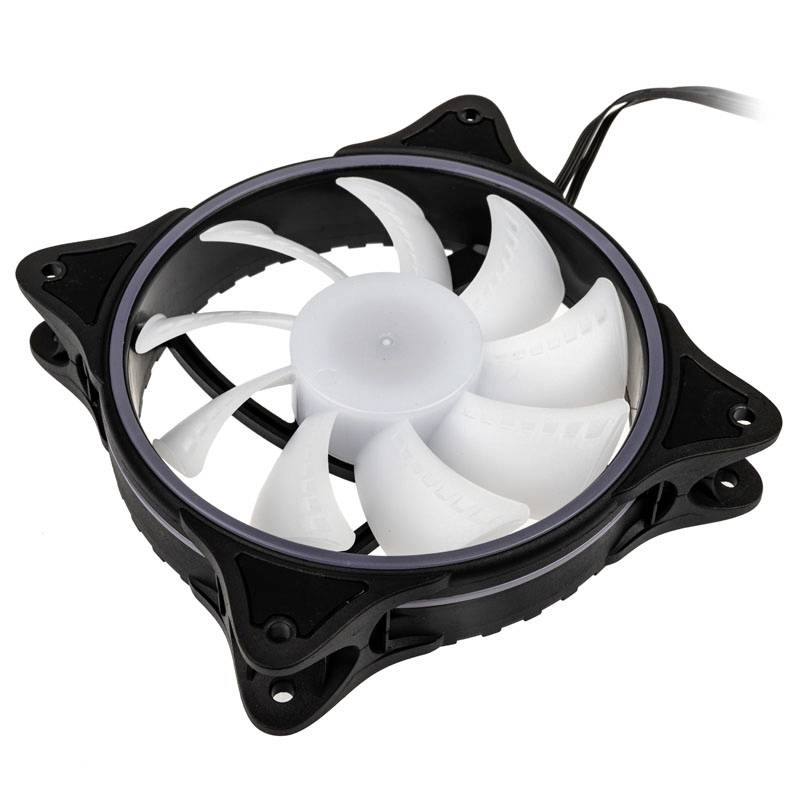 Een witte, ronde computerventilator met zwarte bevestigingen, geschikt voor koeling in een computerbehuizing.