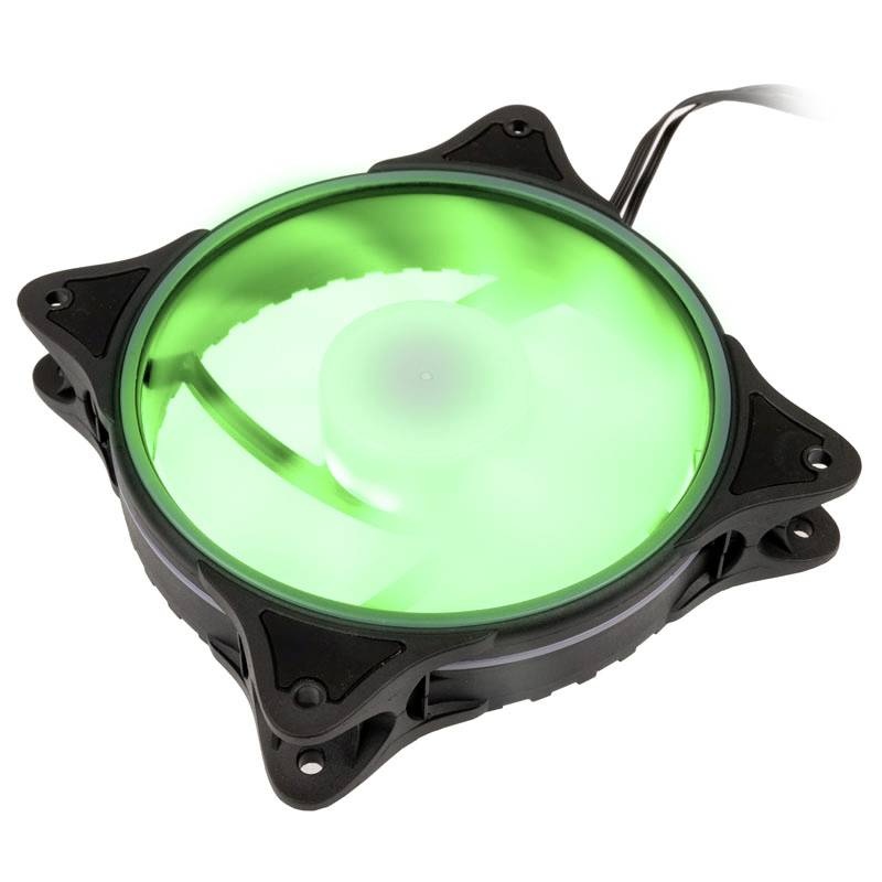 Een zwarte computerventilator met groen LED-licht dat van binnenuit oplicht. Geschikt voor pc-behuizingen of koelsystemen.