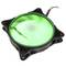 Een zwarte computerventilator met groen LED-licht dat van binnenuit oplicht. Geschikt voor pc-behuizingen of koelsystemen.