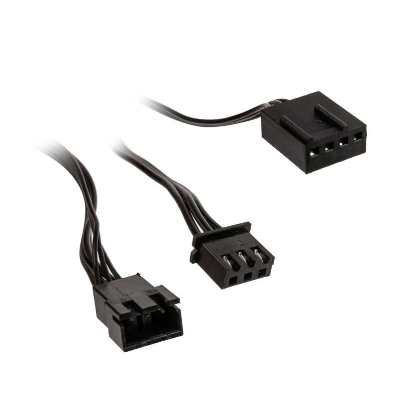 Drie zwarte ventilatorkabels met aansluitingen. Twee hebben driepolige, één heeft vierpolige aansluitingen, geschikt voor computerventilators.