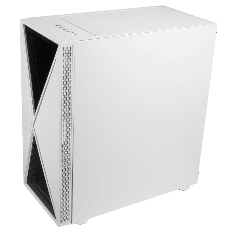 Een modern computerbehuizing met zijdelingse ventilatie en minimalistische designelementen staat rechtop op een lichte ondergrond.