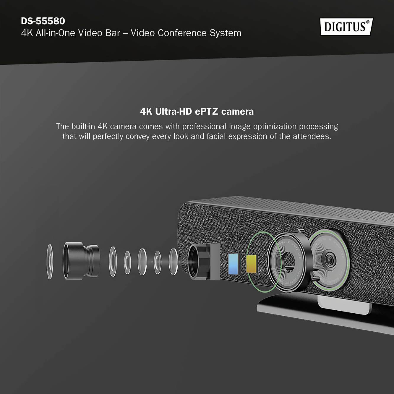 Digitus DS-55580: Een 4K Ultra-HD ePTZ-camera met professionele beeldoptimalisatie, ideaal voor videoconferenties.