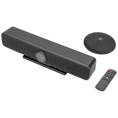 Zwarte soundbar met geïntegreerde luidspreker en camera, inclusief een ronde afstandsbediening en een apart microfoon.