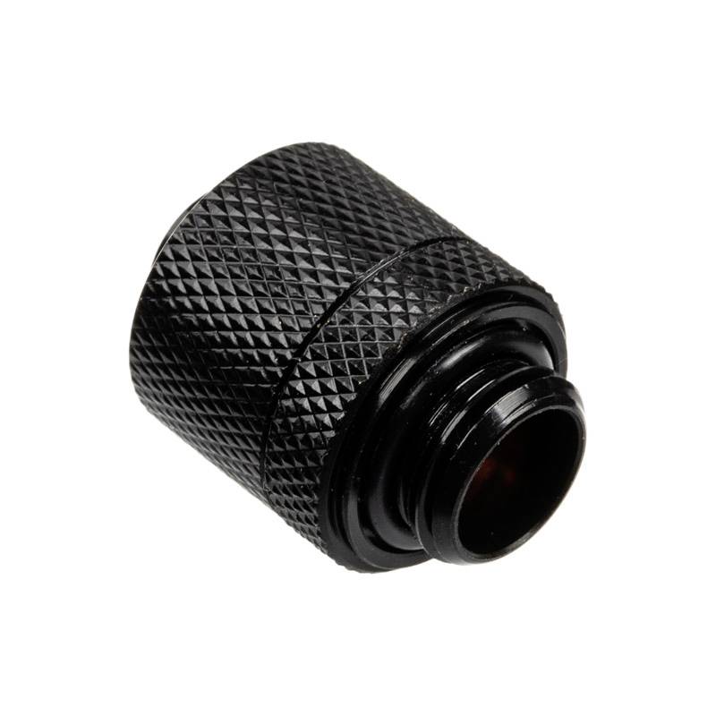 Een zwarte, cilindrische metalen adapter met een gegroefde oppervlakte, die wordt gebruikt voor het aansluiten van buizen of slangen.
