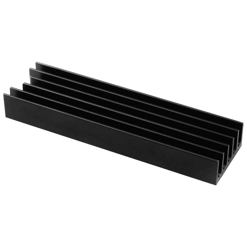 Zwarte aluminium heatsink met meerdere parallel lopende vinnen, bedoeld voor warmteafvoer van elektronische componenten.