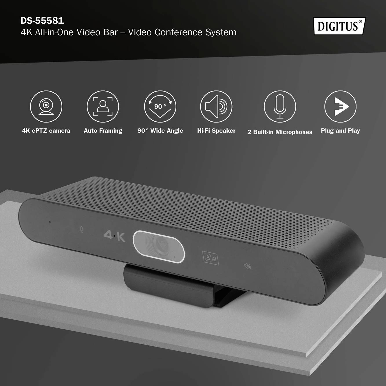 Een 4K All-in-One-videobalk voor videoconferenties met 4K ePTZ-camera, auto-framing, 90° groothoek, HiFi-luidsprekers, 2 microfoons.