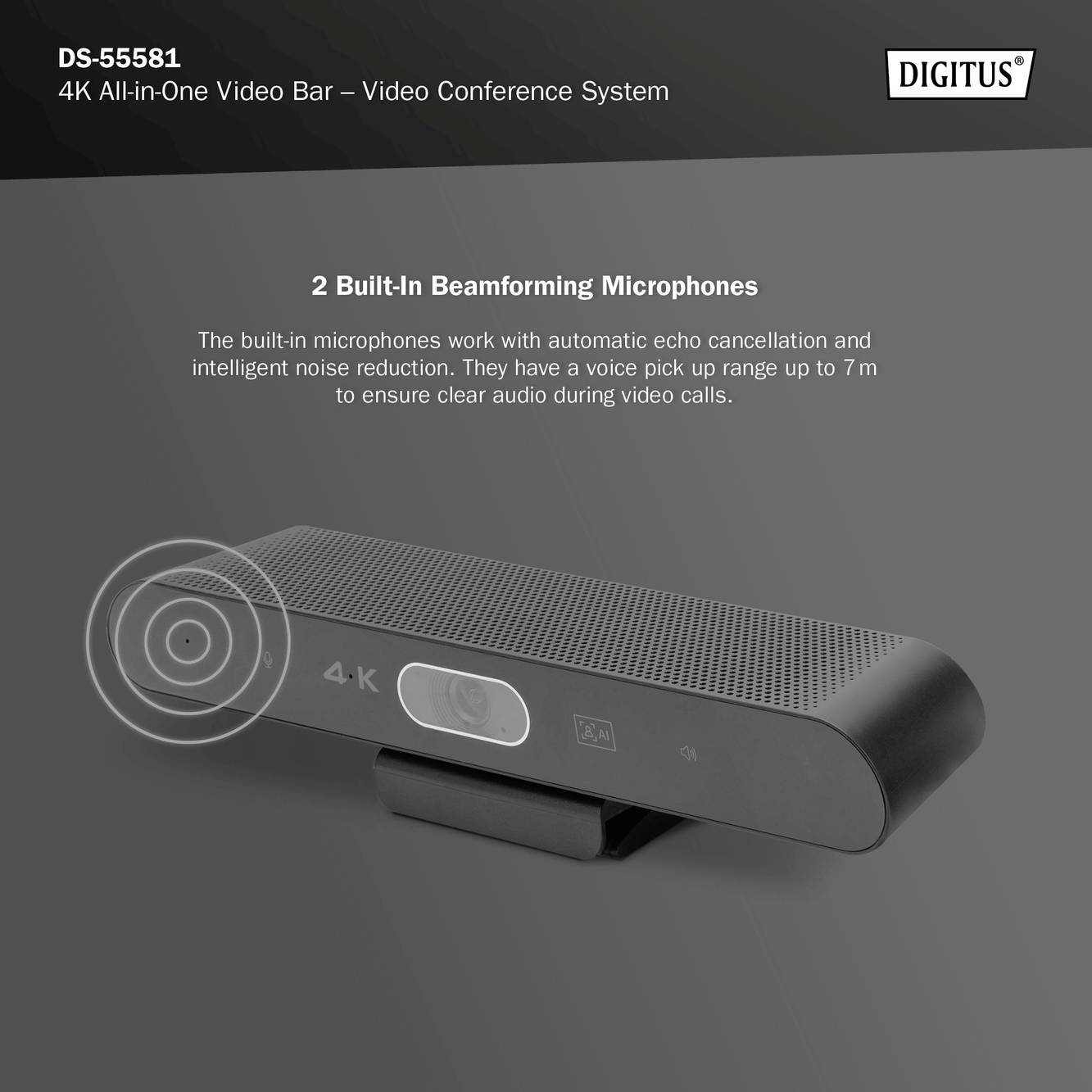 Videoconferentiesysteem met 4K-resolutie, twee geïntegreerde beamforming-microfoons en automatische echo-onderdrukking voor heldere audioweergave tot 7 meter.