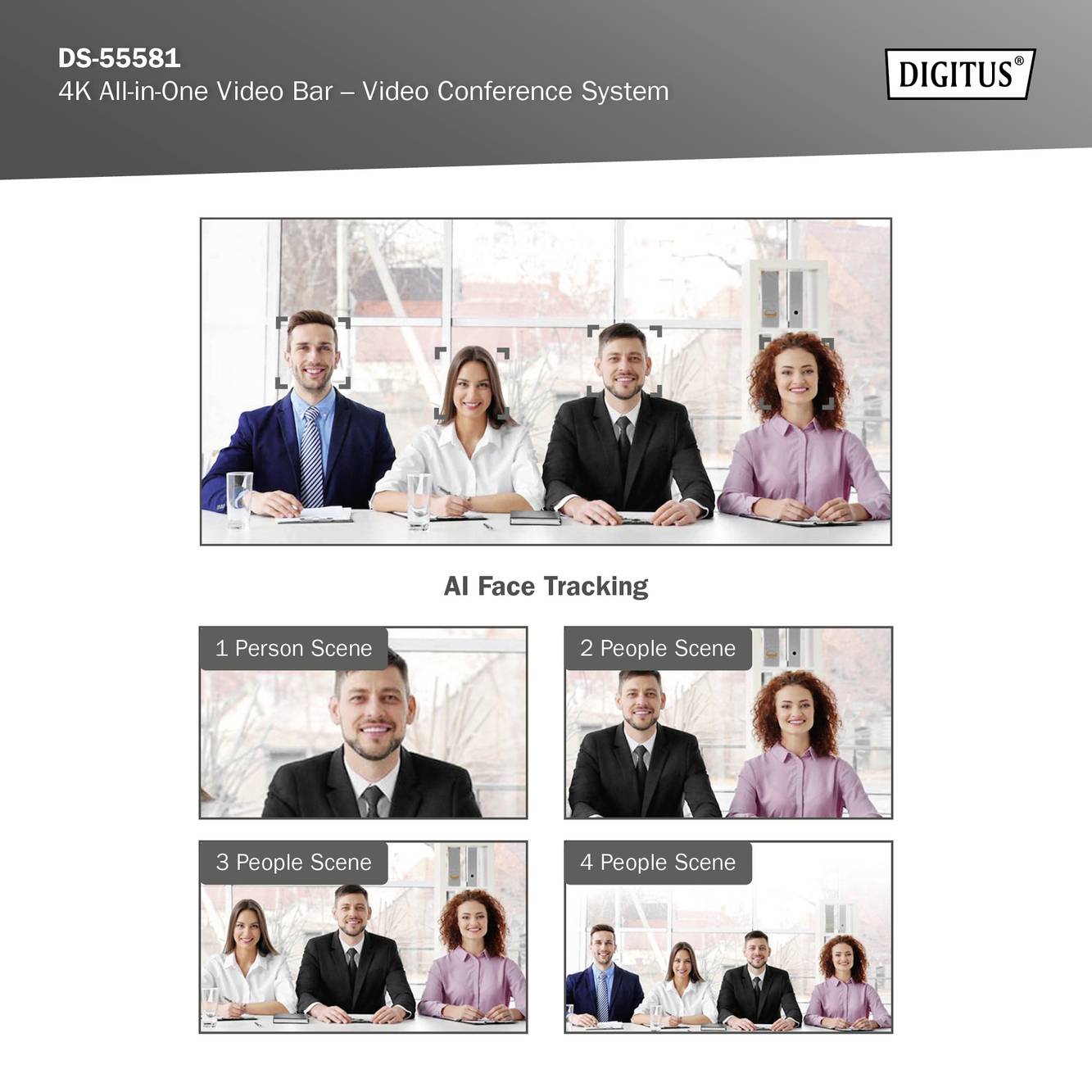'Digitus 4K All-in-One Videobalk'. Toont vier personen in een vergadering, lachend, met AI-gezichtsherkenning in meerdere scènes.