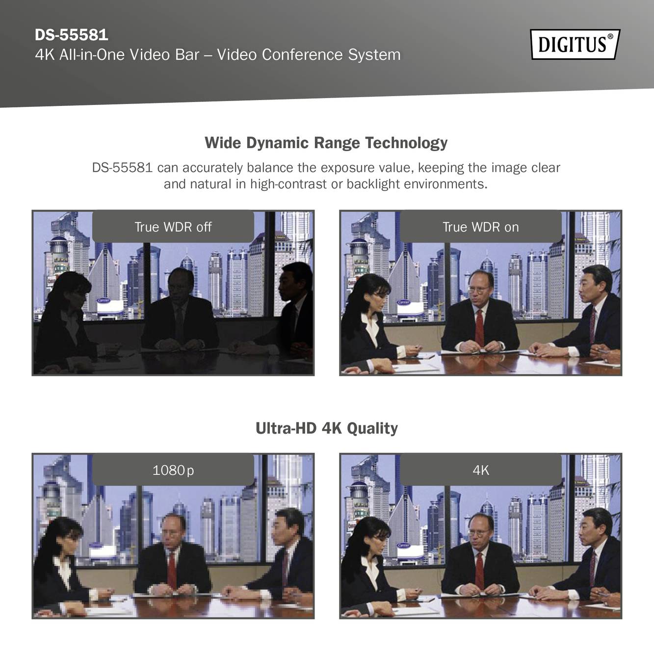 Presentatie van de 'Digitus Video Bar': Twee foto's vergelijken "WDR uit" en "WDR aan" in een vergaderruimte. Toont Ultra-HD 4K kwaliteit.