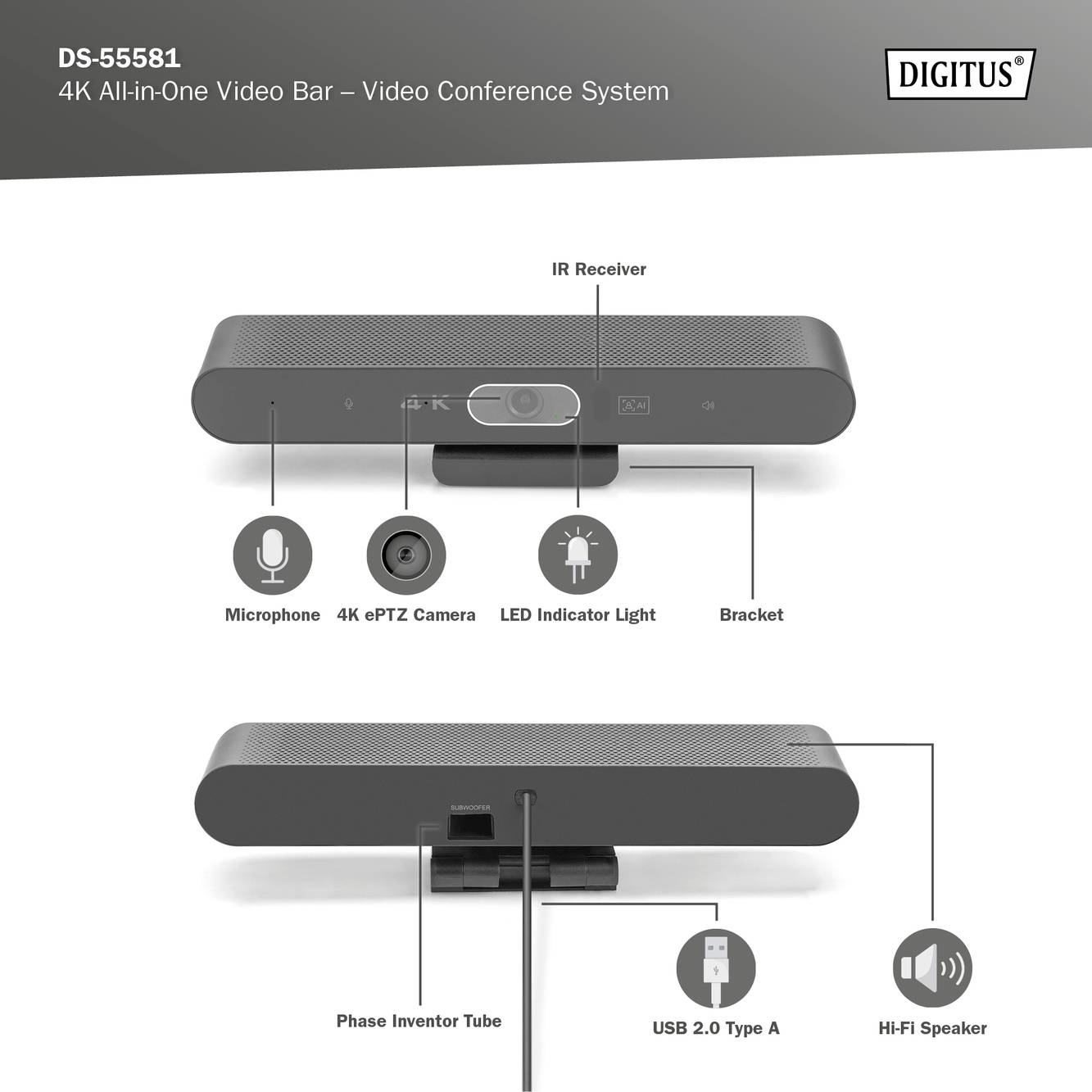 DS-55581 4K-Videobar met microfoon, camera, LED-indicatie en speakers, aangesloten via USB 2.0 Type A, voor videoconferenties.
