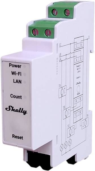 Een witte elektrische vermogensmeter met het opschrift 'Shelly'. Toont indicatoren voor vermogen, Wi-Fi, LAN en teller.