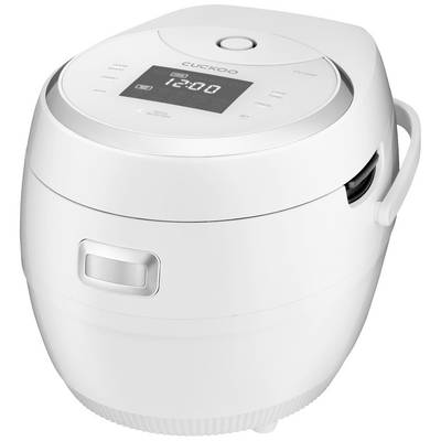 Een witte rijstkoker met een digitaal display dat '12:00' weergeeft.