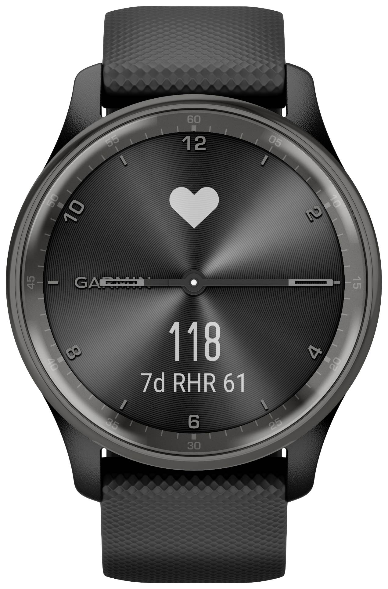 Een zwarte smartwatch toont een hartsymbool en hartfrequentie van 118 evenals '7d RHR 61' op een donker wijzerblad.