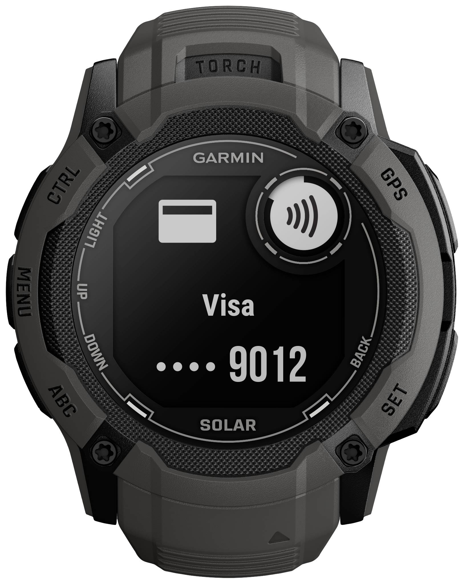 Zwarte smartwatch met een rond display, toont een betalingssymbool en 'Visa' met vier punten en de nummers '9012'.