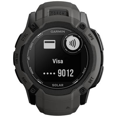 Zwarte smartwatch met een rond display, toont een betalingssymbool en 'Visa' met vier punten en de nummers '9012'.
