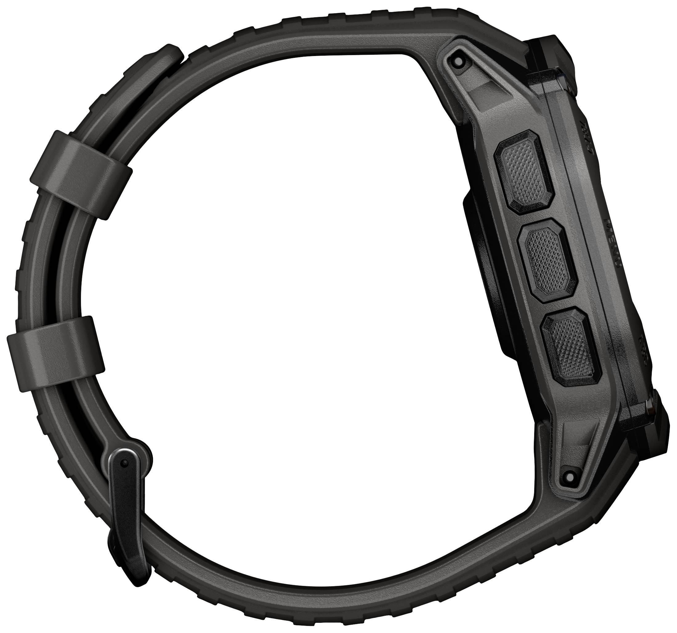 Een robuuste zwarte polshorloge met zijdelingse knoppen, gefotografeerd van opzij, toont een duurzaam ontwerp voor buitenactiviteiten.