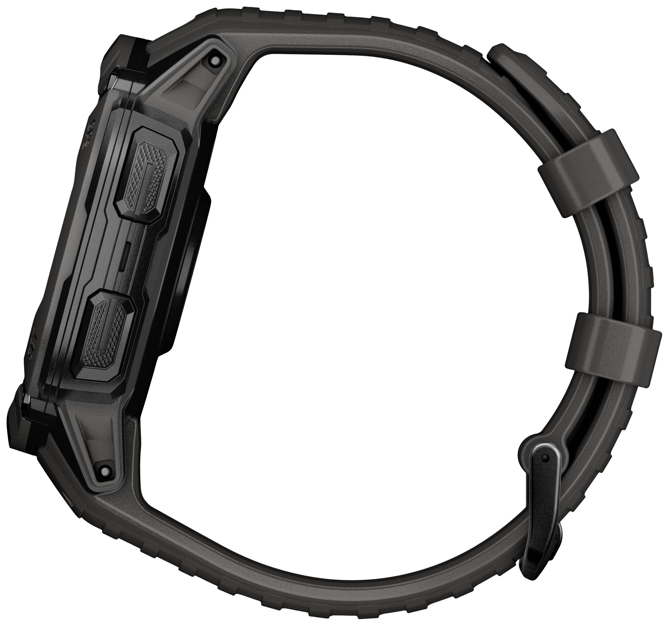 Zwarte horloge in zijaanzicht, toont robuust ontwerp met dikke randen en knoppen aan de linkerkant.