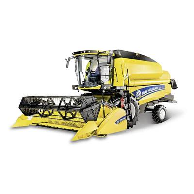 Gele New Holland maaidorser met groot maaibord en zwarte cabine, geschikt voor de oogst van graan op landbouwpercelen.