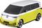 Een futuristische elektrische bus met een geel en wit verfontwerp, grote ramen en het VW-logo op de voorkant.