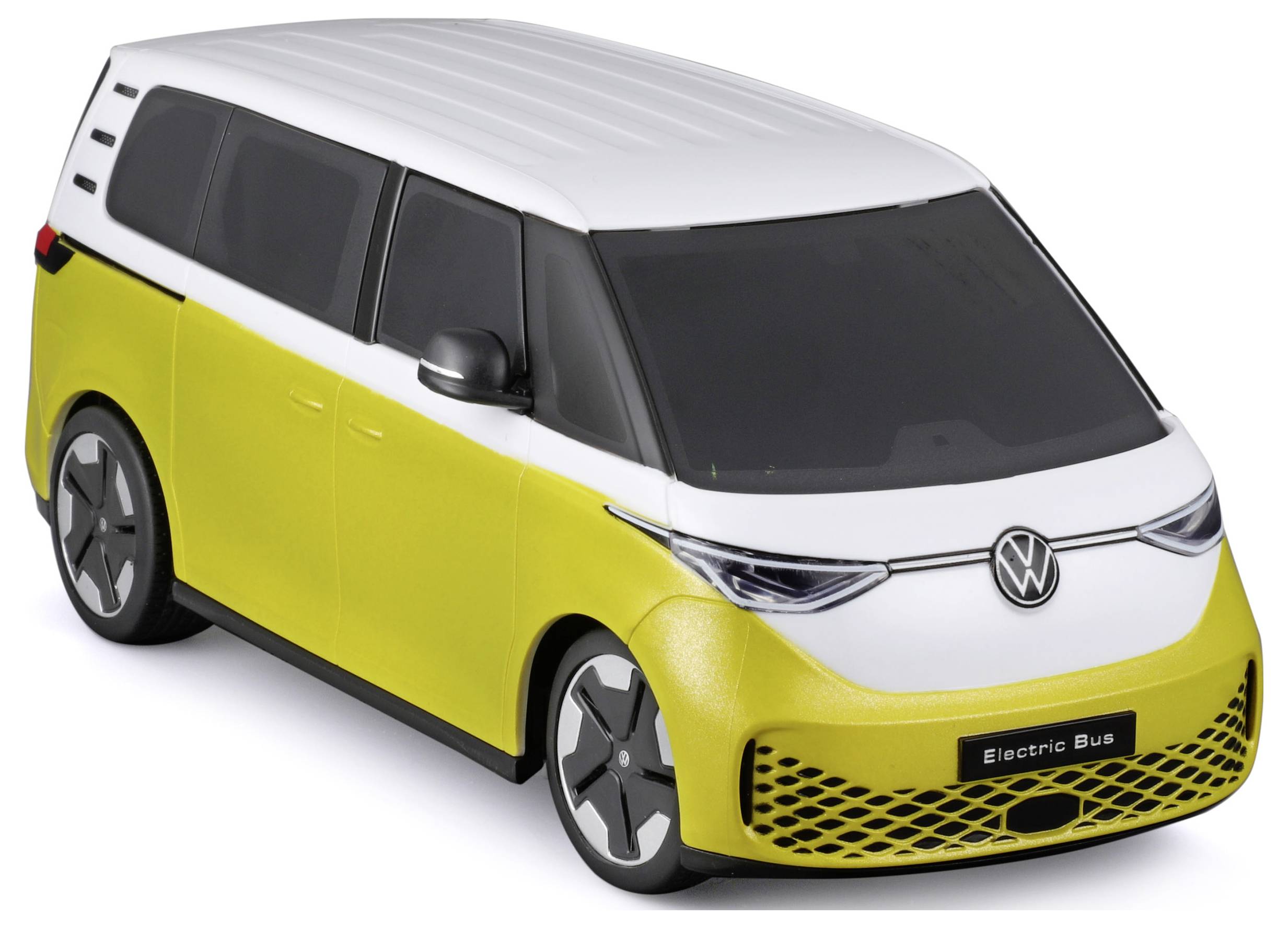 Een gele en witte elektrische bestelwagen met het embleem van een bekend merk op de voorkant. Op de zijkant staat de tekst 'Electric Bus' duidelijk zichtbaar.