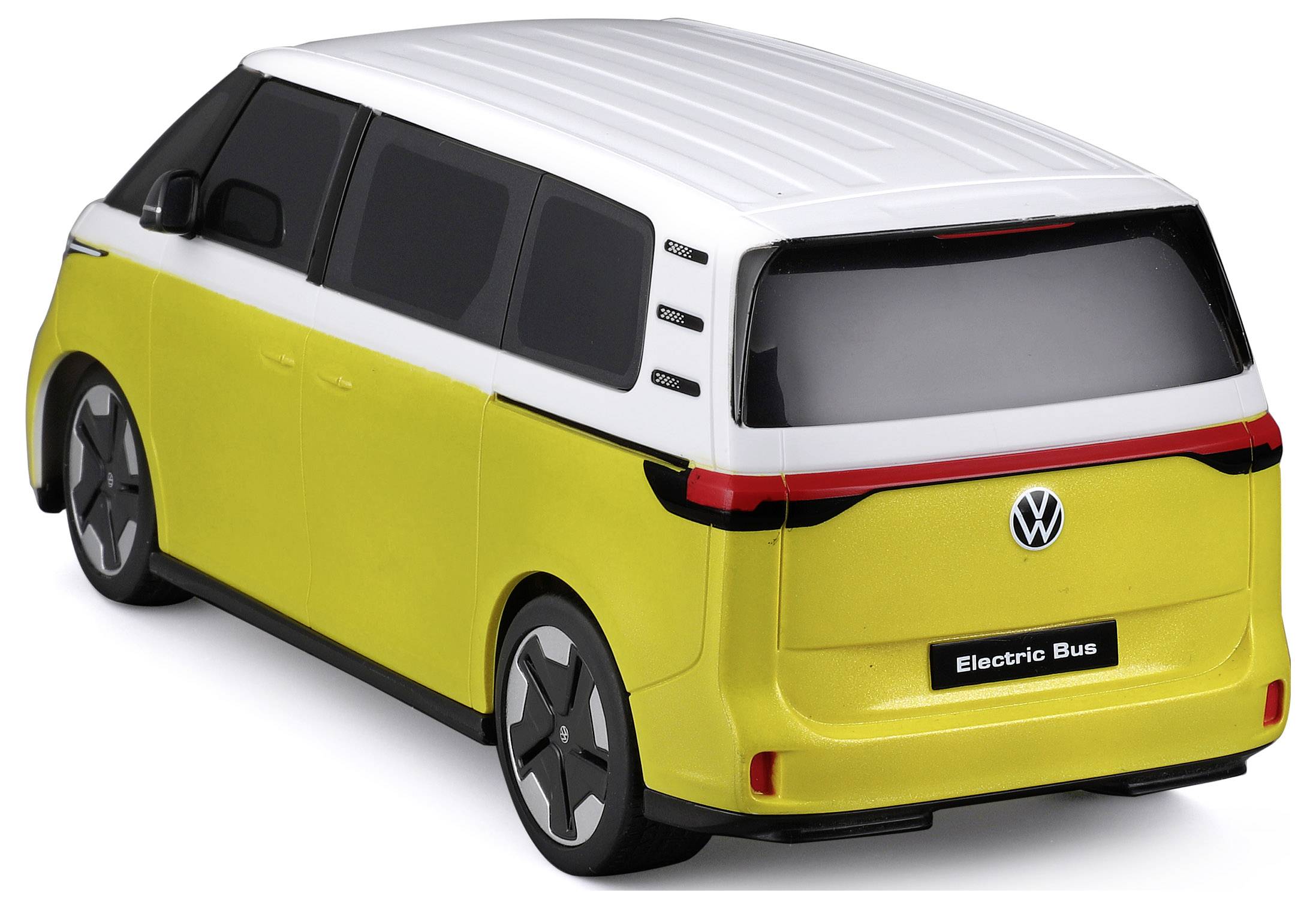 Een geel-witte elektrische minibus van achteren, met 'Electric Bus' op een bord.