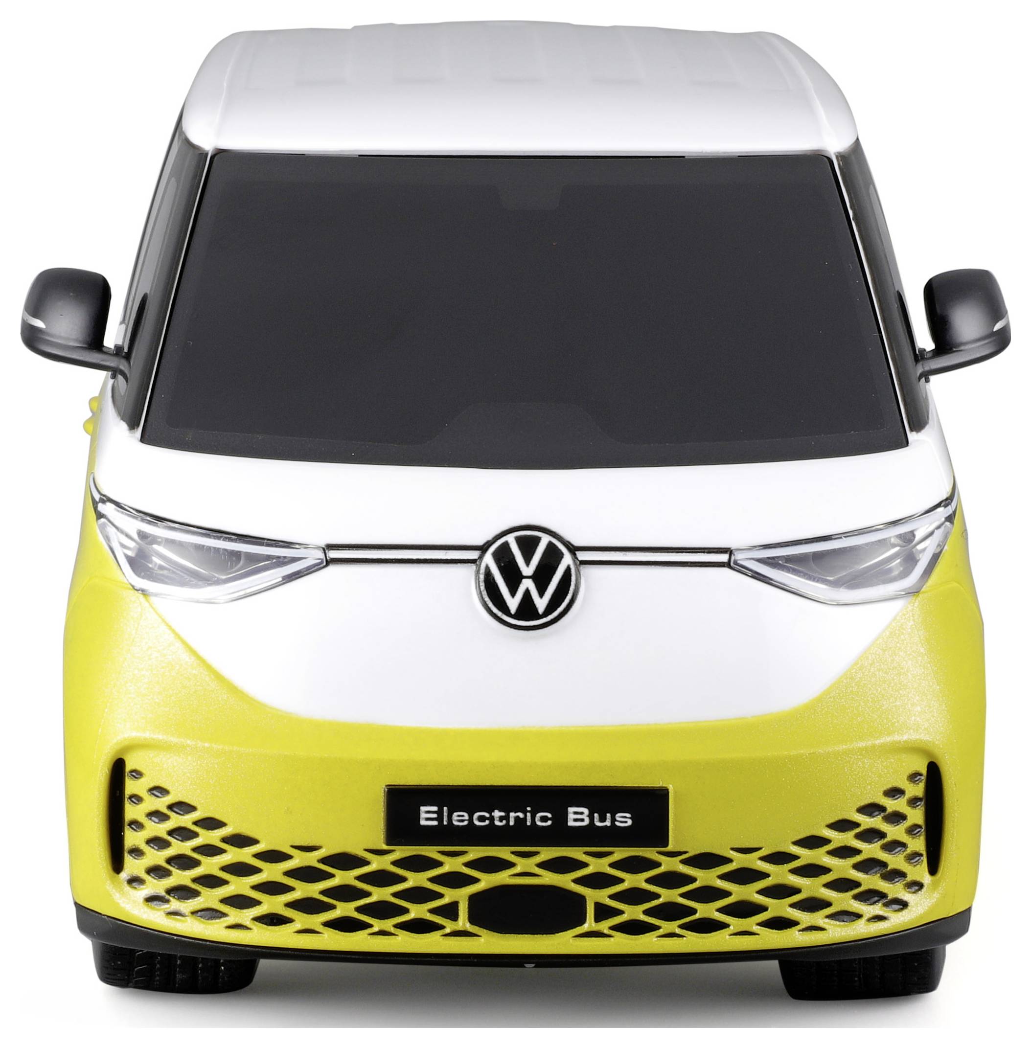 Een geel-wit elektrische busmodel van het merk VW, frontaal afgebeeld, met de tekst 'Electric Bus' op de voorkant.