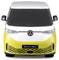 Een geel-wit elektrische busmodel van het merk VW, frontaal afgebeeld, met de tekst 'Electric Bus' op de voorkant.
