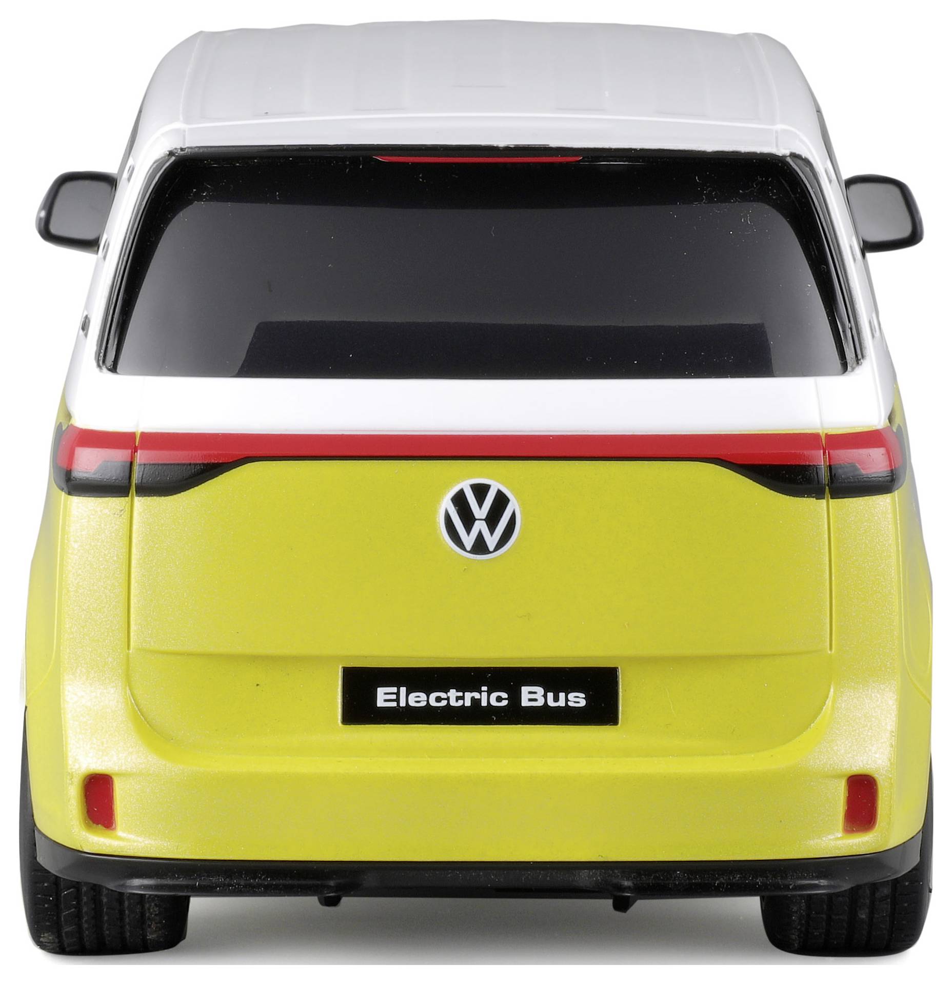 Een gele en witte elektrische bus met een VW-logo aan de achterkant; opschrift 'Electric Bus'. Gezien van achteren.