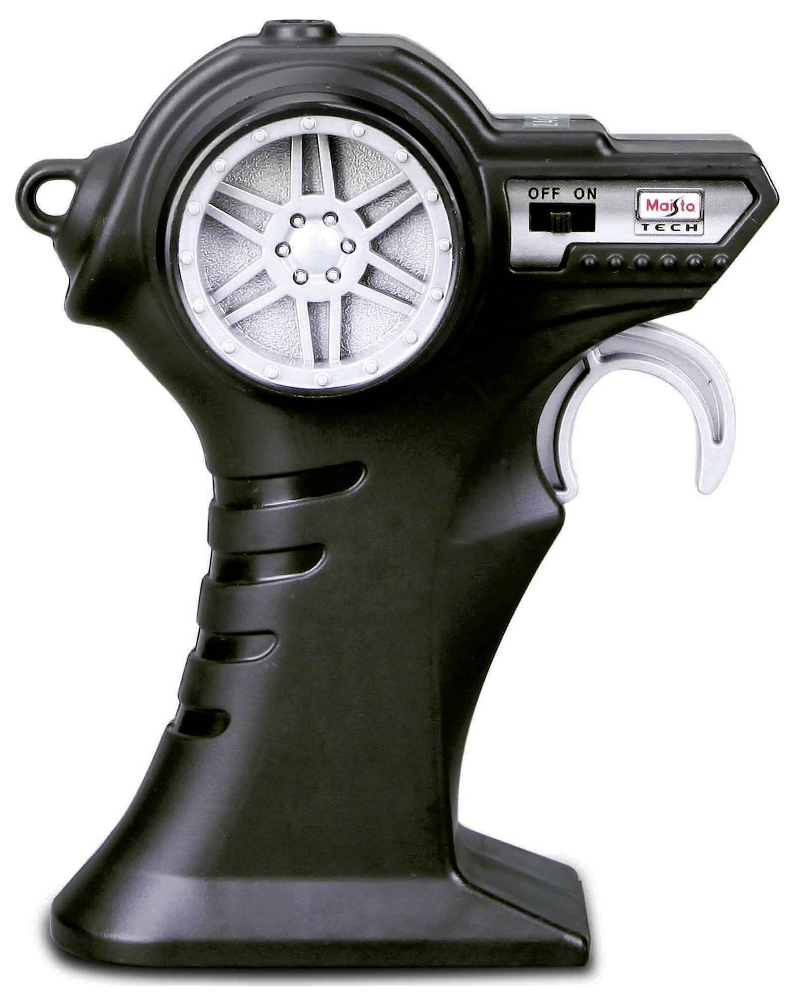 Handzender voor RC-modellen, zwart, met zilver stuurwiel, schakelaar op 'UIT', vervaardigd door Maisto Tech.