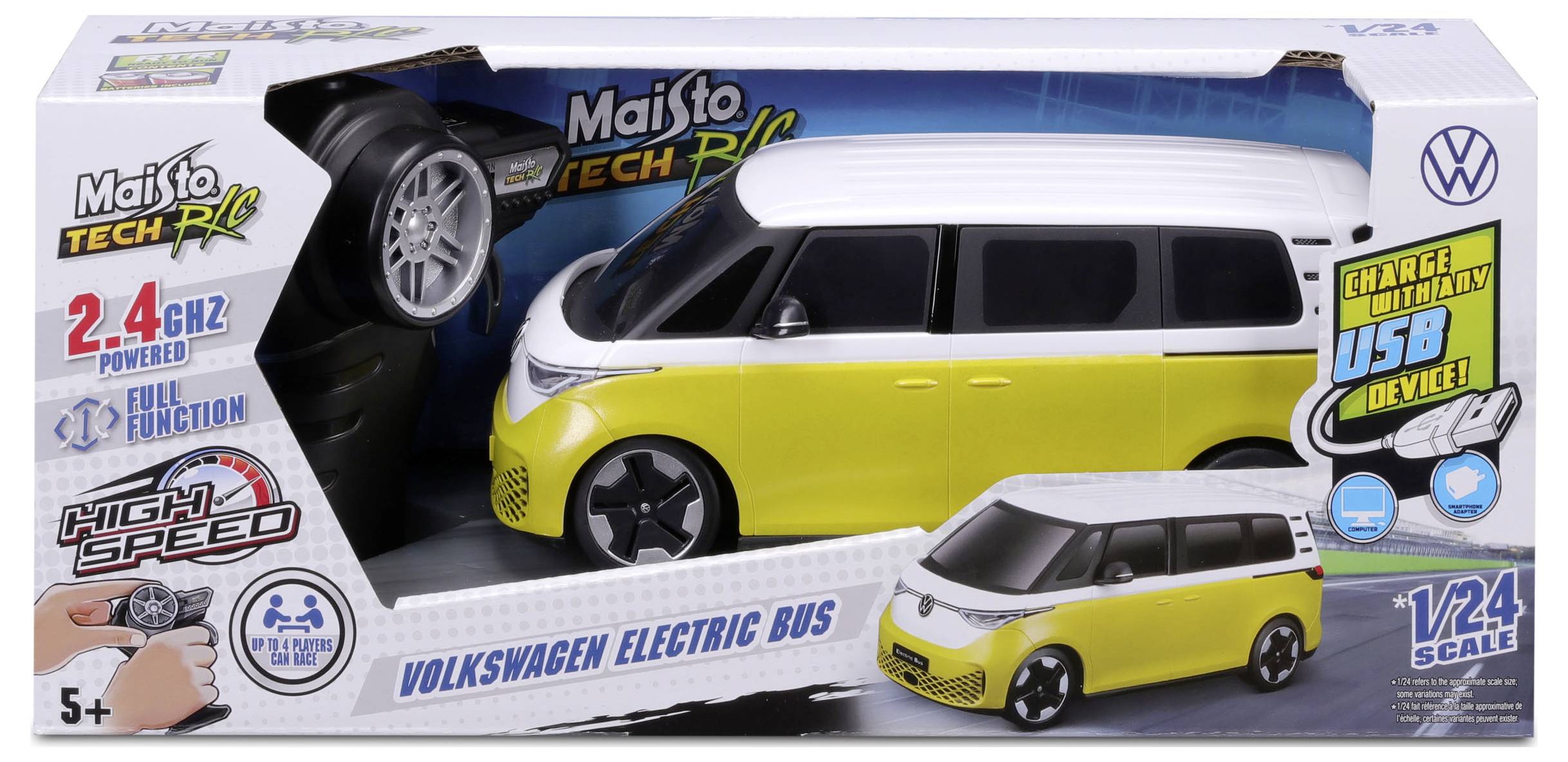 Afstandsbediende modelbusauto van een Volkswagen elektrische bus in geel en wit, schaal 1:24, met USB-laadvoeding en 2,4 GHz besturing.
