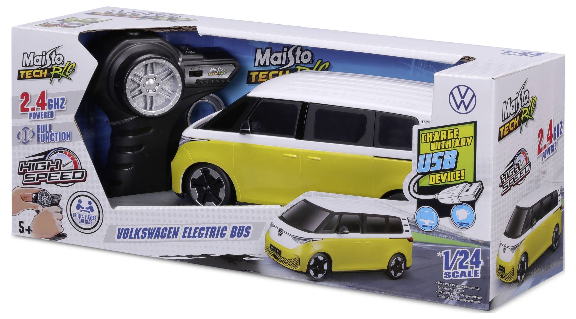 Afstandsbediend model van een gele Volkswagen Electric Bus op schaal 1:24 met oplader en afstandsbediening, verpakt in een doos.