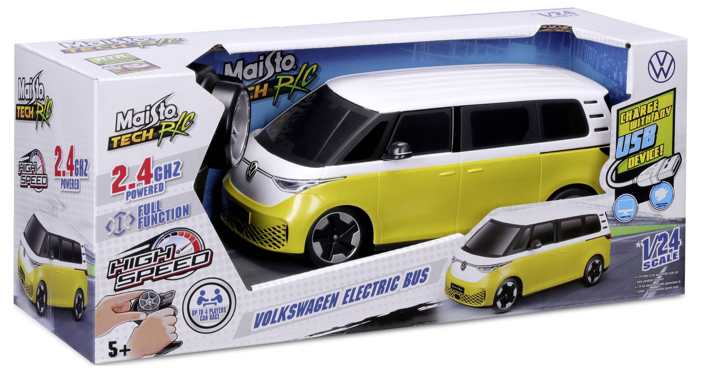 Speelgoedauto-verpakking van een gele en witte elektrische Volkswagen-bus. Bevat informatie over afstandsbediening. Geschikt voor kinderen vanaf 5 jaar.