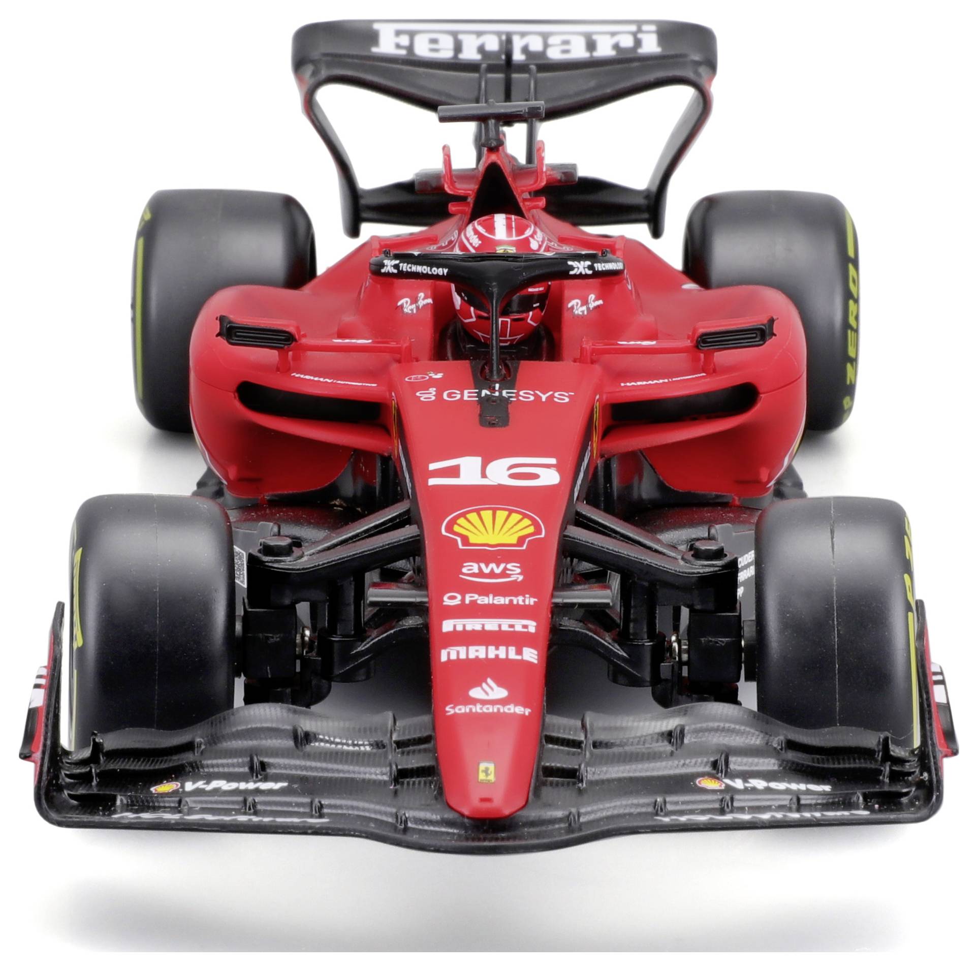 Racewagen in stralend rood met nummer 16 en meerdere sponsorlogo's, frontaal bekeken.